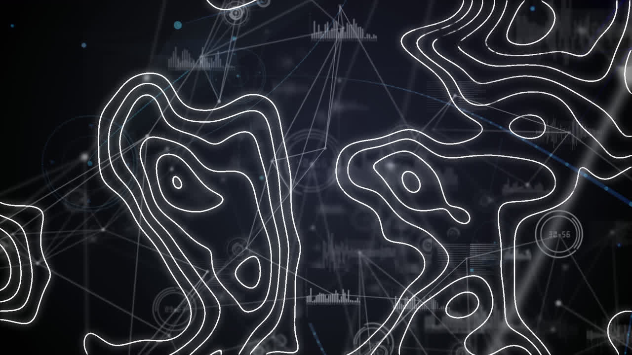 Animation of white map lines moving, data processing on screen and network of connections