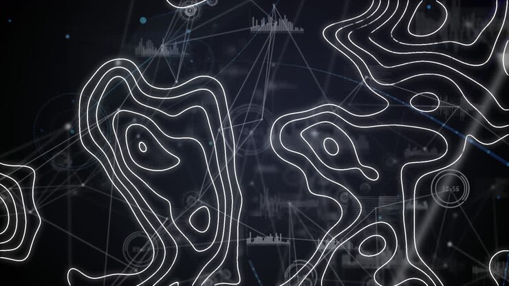 Animation of white map lines moving, data processing on screen and network of connections