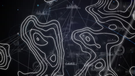 animación de líneas blancas del mapa en movimiento, procesamiento de datos en pantalla y red de conexiones