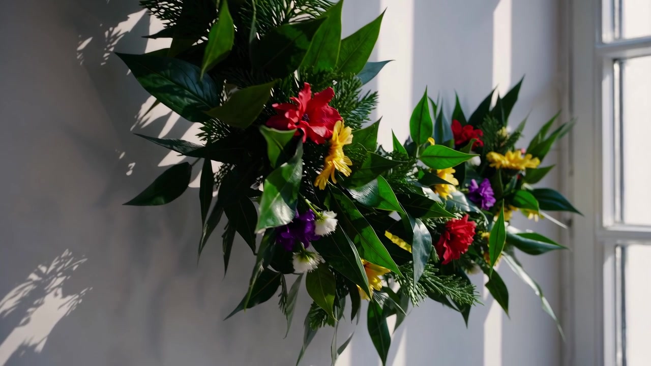 白い壁にかかる装飾的な花のリース