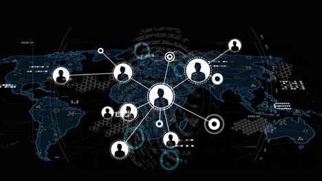 animation of connections with people icons and data processing over world map
