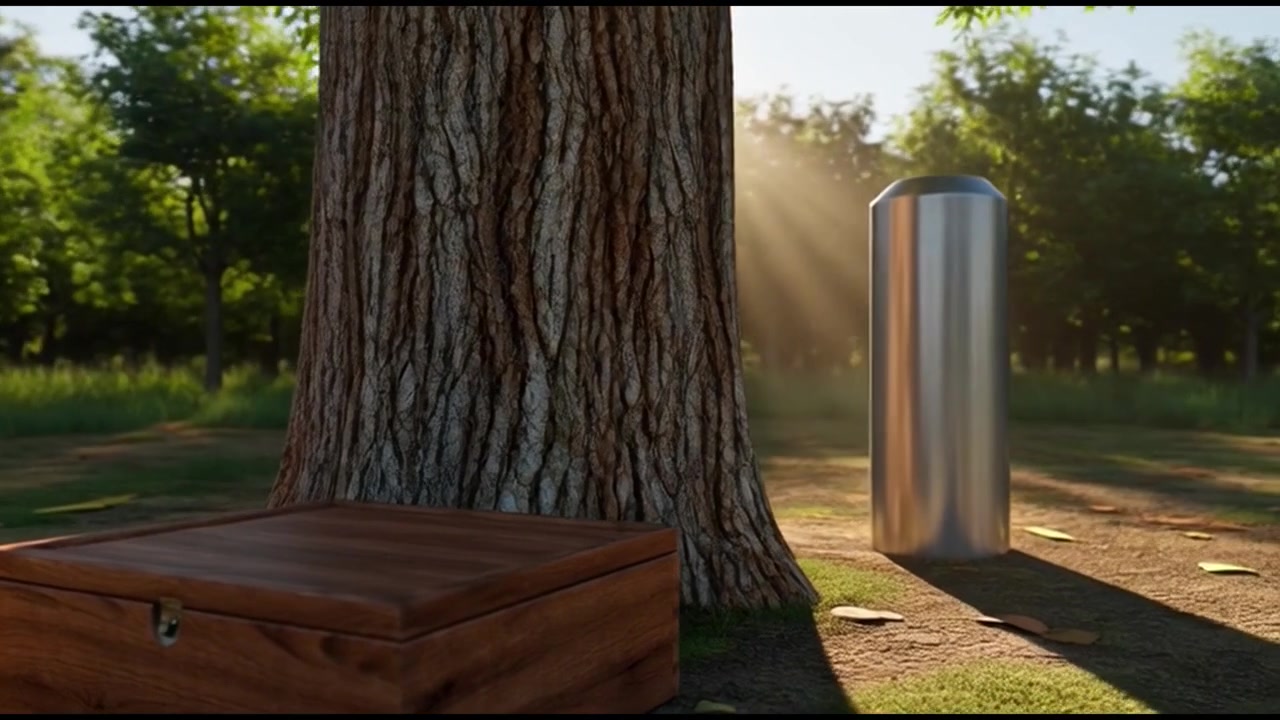 Wooden Box and Metallic Cylinder Resting Under a Tree in a Forest