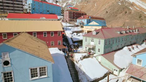 bird's eye view of the city of stairs, main stairway of the company town of sewell in the andes mountains, chile.
