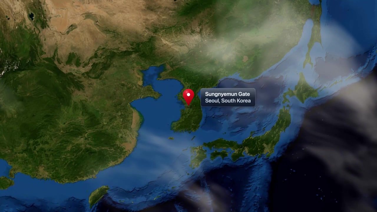 Satellite animation zooming from outer space into East Asia, pinpointing Sungnyemun Gate in Seoul. Includes NASA public domain imagery.