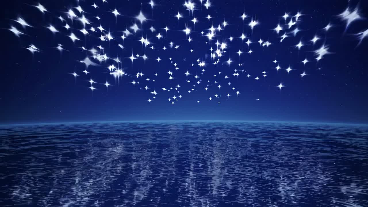 En fredfyldt videoscene af en stjernehimmel over et roligt hav, filmet fra en lav vinkel