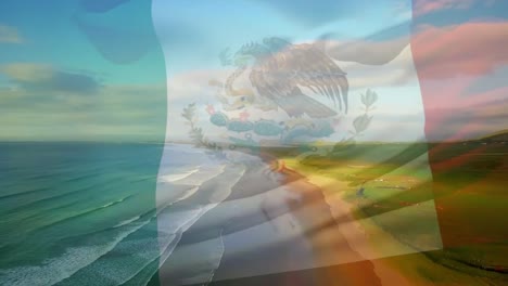 Animación-De-La-Bandera-De-México-Ondeando-Sobre-El-Paisaje-Marino.