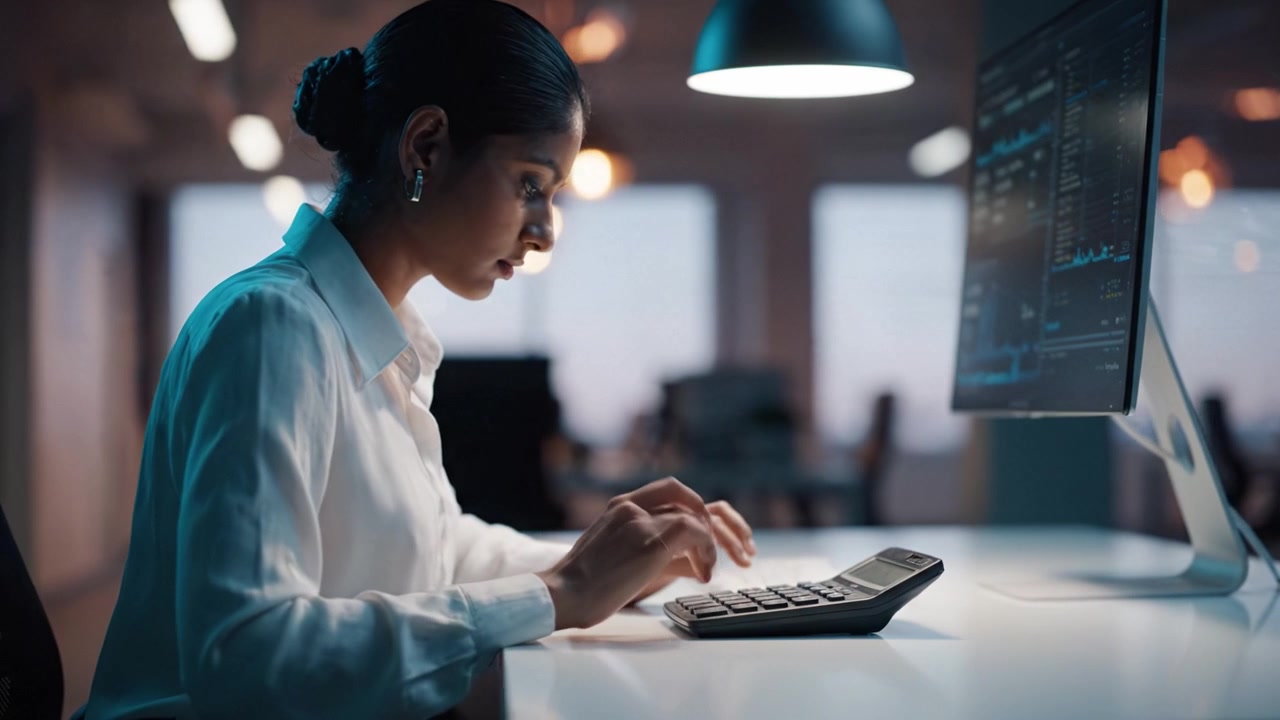 Focused Professional Working Late on Financial Data, Utilizing a Calculator and Desktop Monitor in a Modern Office Environment with Warm Lighting