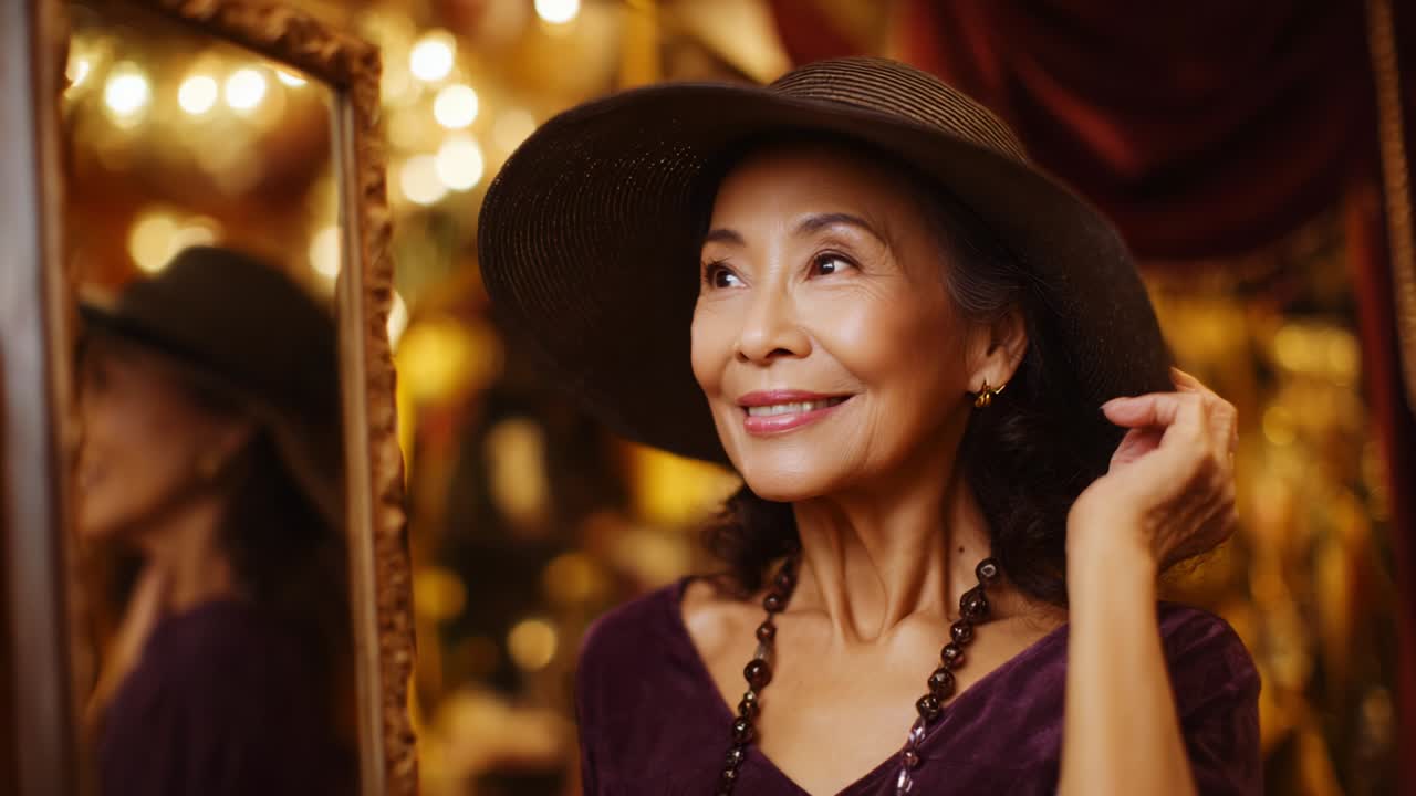A Graceful Senior Woman in a Fashionable Hat Smiling Radiantly in Front of a Vintage Mirror, Capturing the Essence of Timeless Elegance and Charm in a Nostalgic Atmosphere Surrounded by Soft Lighting