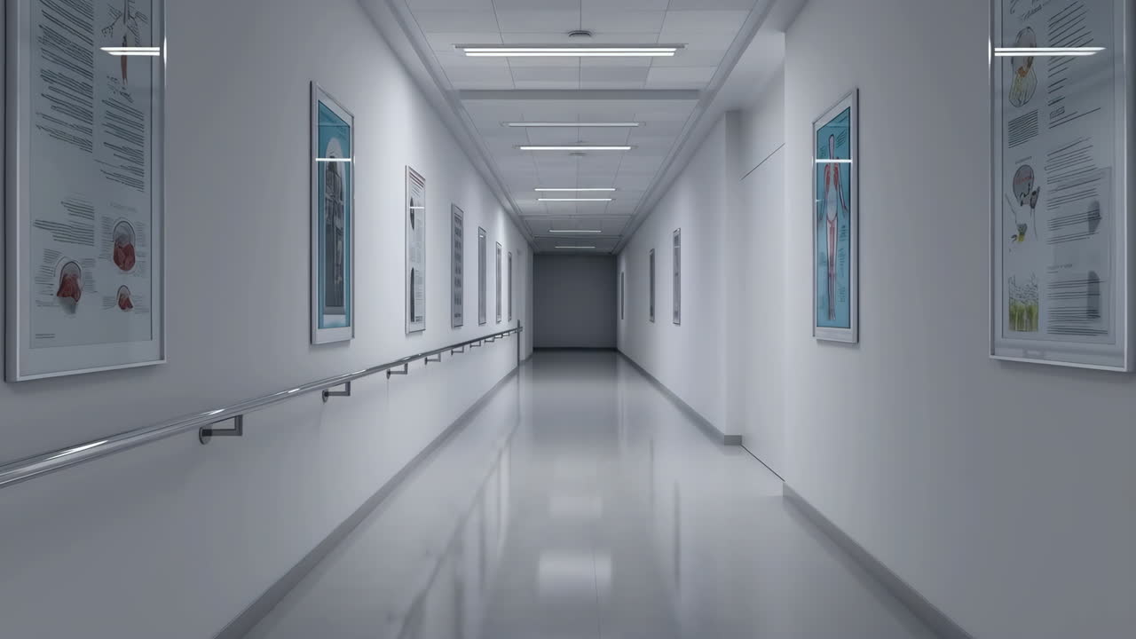 Empty Hospital Corridor with Medical Posters