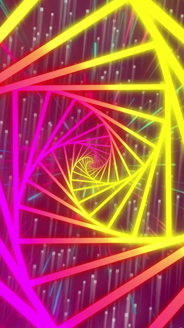 Video verticale: La telecamera si avvicina a una spirale al neon che inizia a girare, raggi che pulsano, scintille che cadono per la tecnologia.