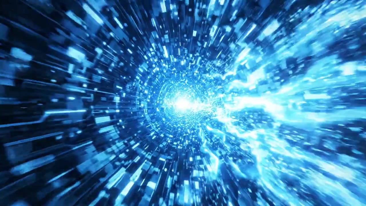Intriguing Visual Journey Through a Dynamic Blue Energy Tunnel with Pulsating Light and Vibrant Particles Creating a Sense of Motion and Depth
