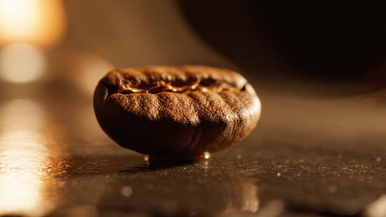 Primo piano di un chicco di caffè luccicante su una superficie riflettente, che mostra la sua ricca texture e lucentezza naturale in condizioni di illuminazione soffusa