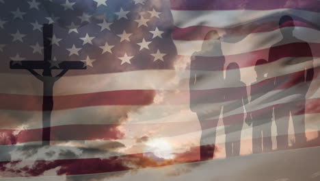 animation of christian cross, clouds and family over waving flag of usa