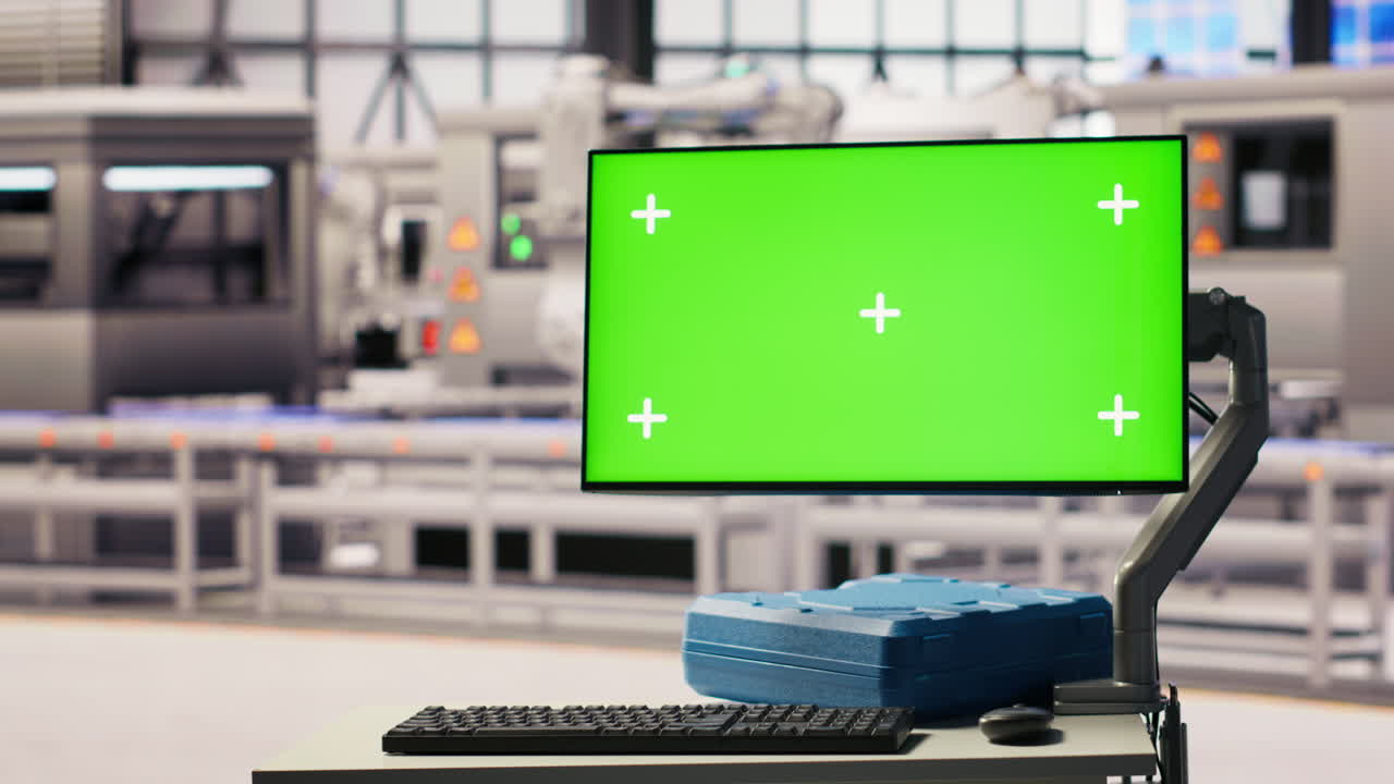Vertical video Close up of green screen display in industry 4.0 solar panels plant