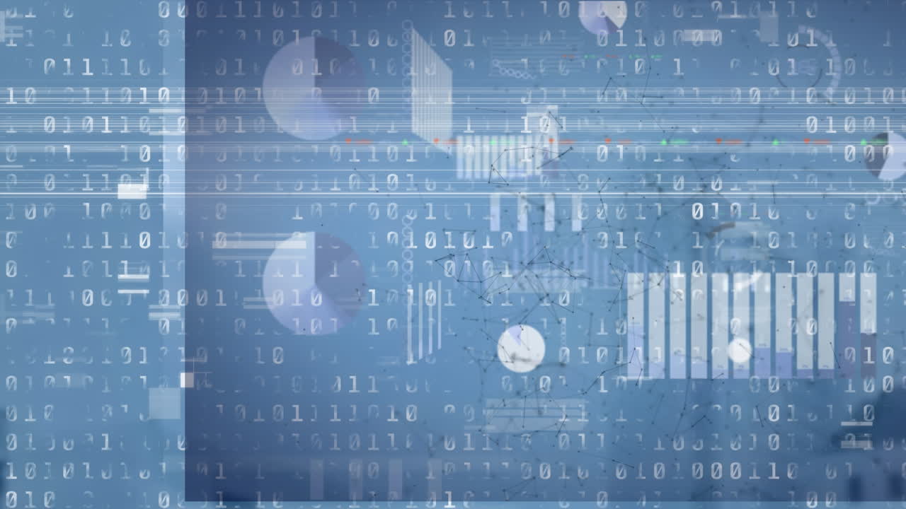 블루 배경에 있는 통계의 애니메이션과 바이너리 코딩