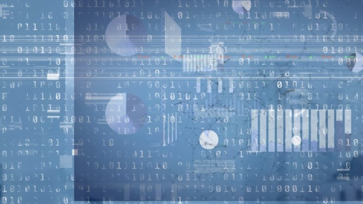 Animation of statistics and binary coding on blue background