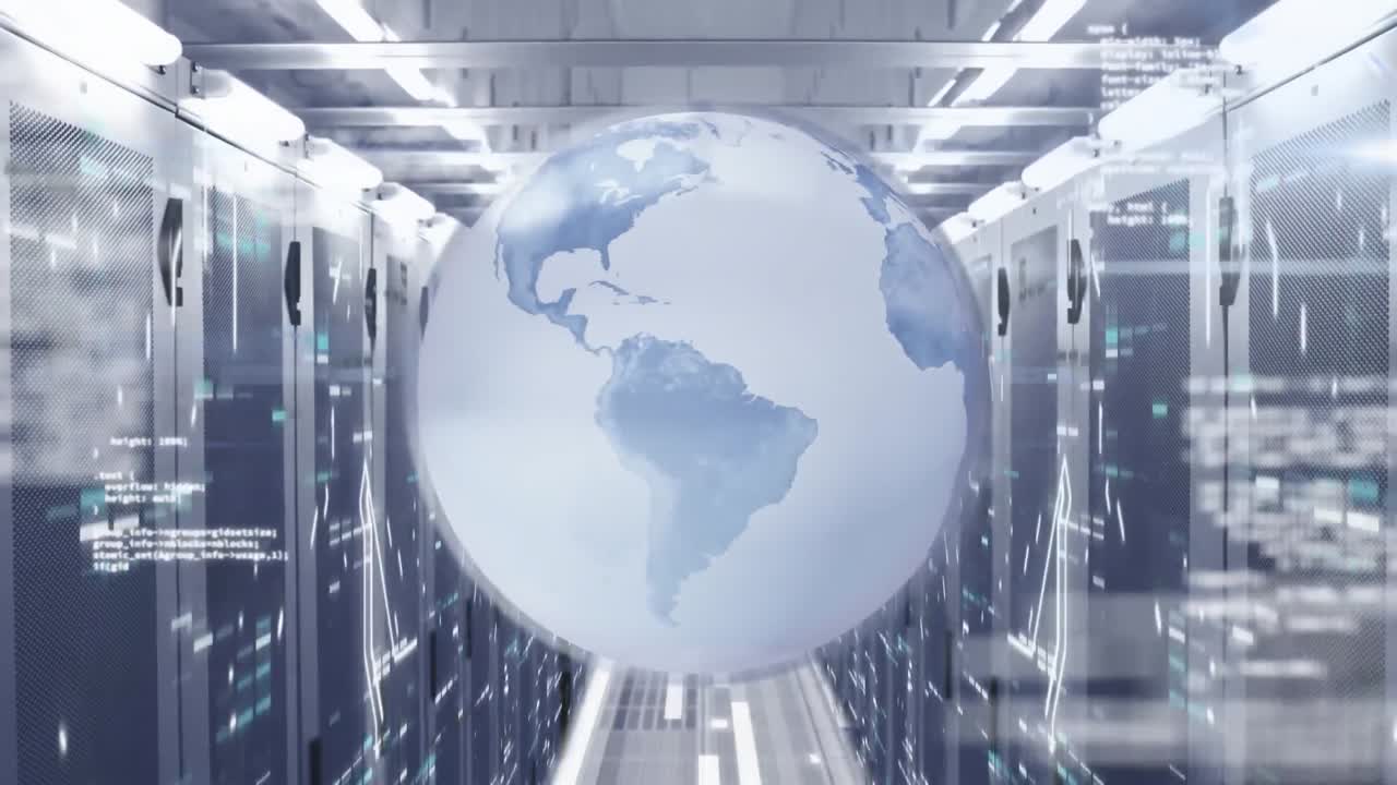 전 세계, 컴퓨터 언어 및 데이터 서버 방을 통해 연결된 점의 애니메이션