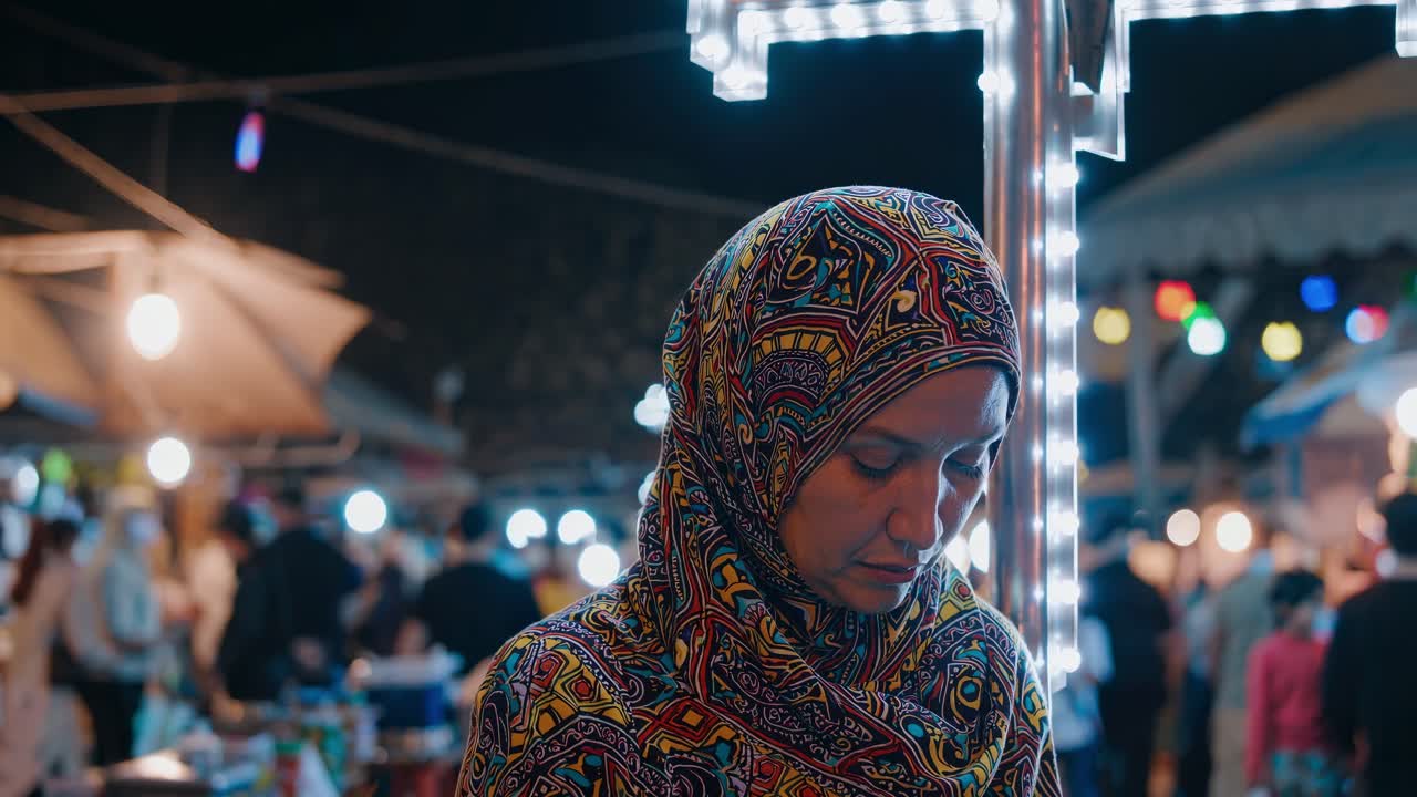 Woman in colorful hijab stands thoughtfully under illuminated cross at vibrant night market, surrounded by bustling crowd and festive lights, capturing a moment of reflection