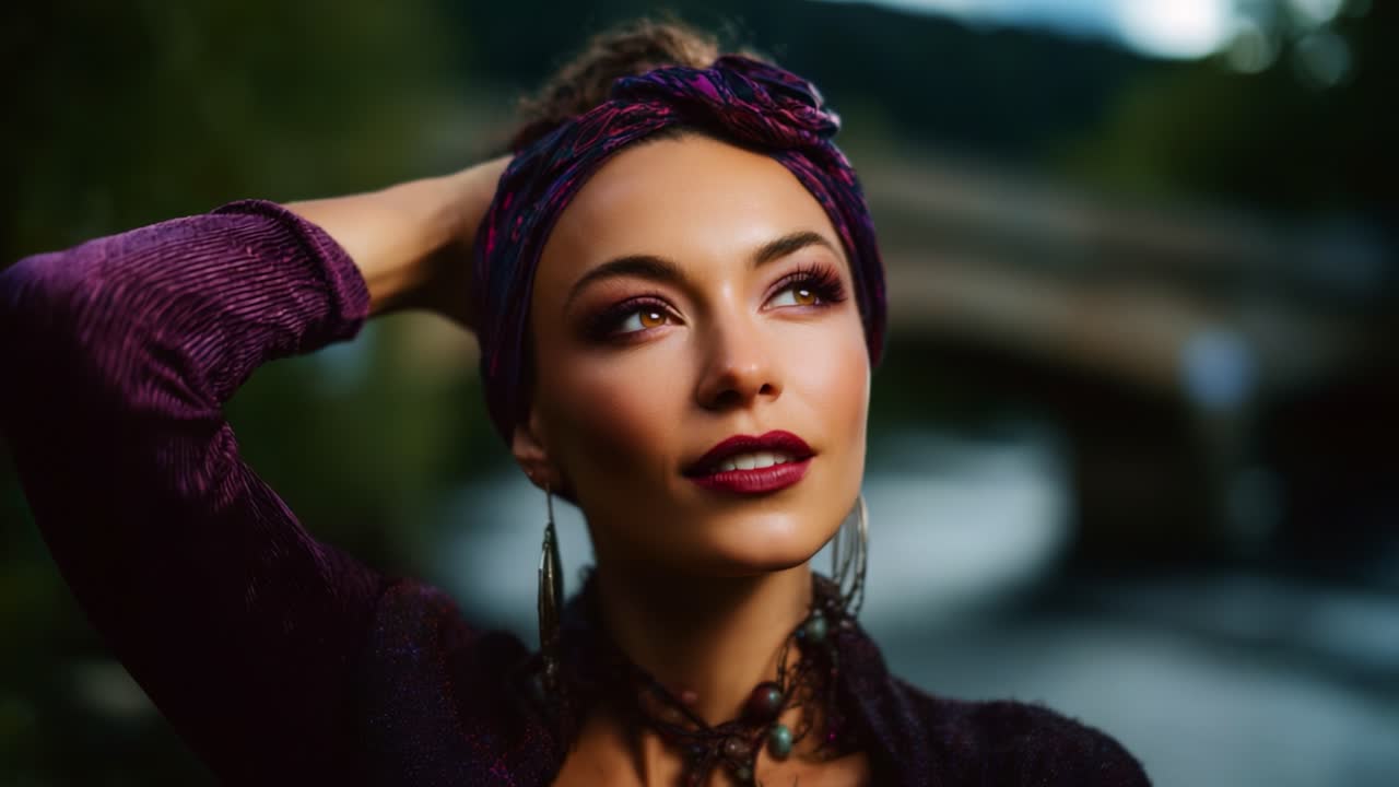 Captivating Portrait of a Woman with a Stylish Headwrap by a Serene Waterway, Showcasing Beauty, Elegance, and Unique Fashion Choices in Nature's Embrace