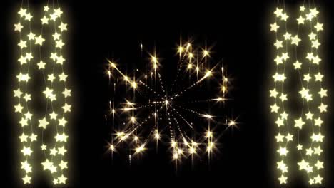 animación de luces de navidad con estrellas y fuegos artificiales de año nuevo sobre fondo negro