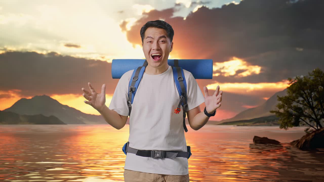 Asian Male Hiker With Mountaineering Backpack Saying Wow At A Lake
