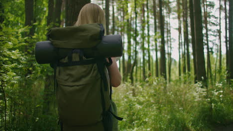 view from the back mobile phone in the hands of a female traveler with a backpack walking through the forest. social networks navigator and messenger. use your mobile phone for a walk in the woods