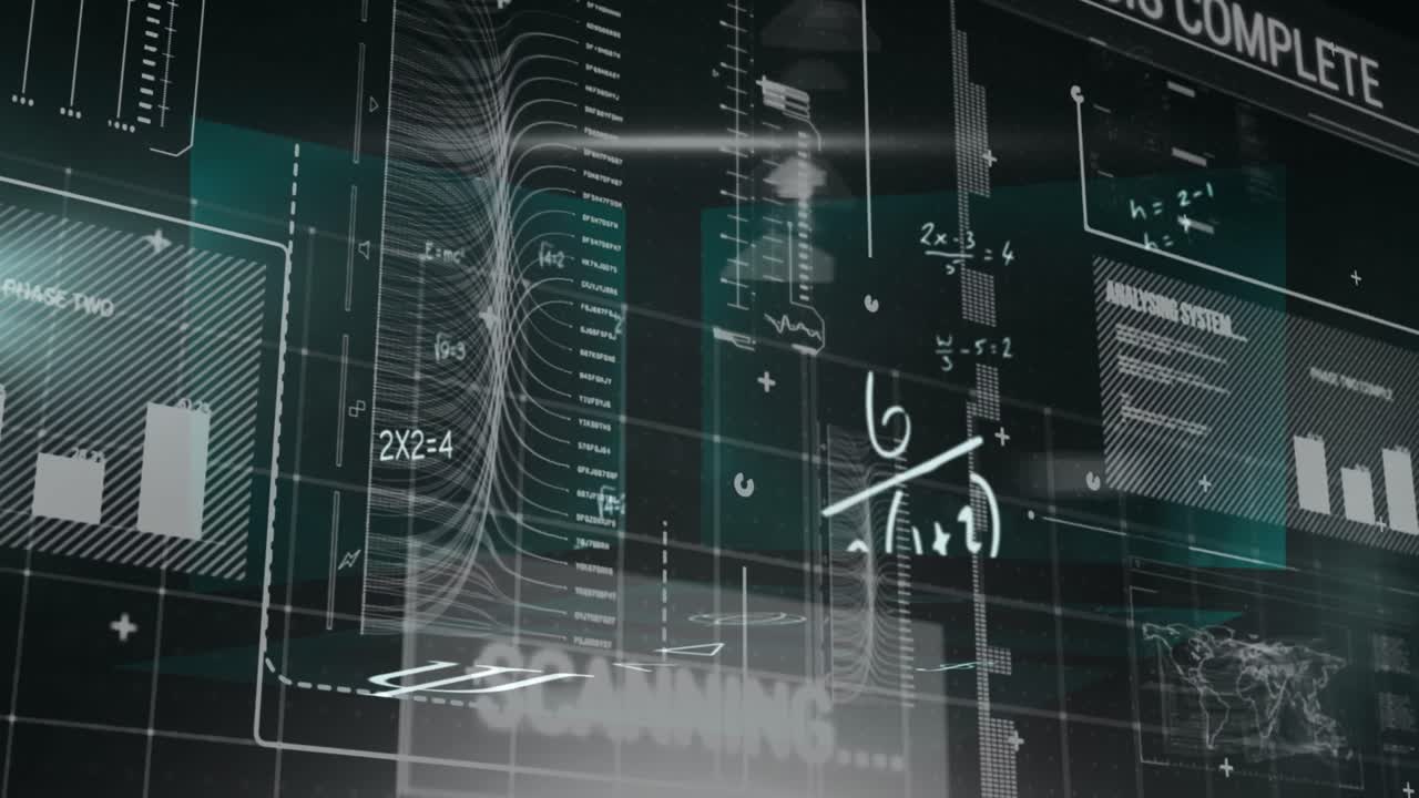 animazione di grafici, dati e formule matematiche su schermo digitale nero