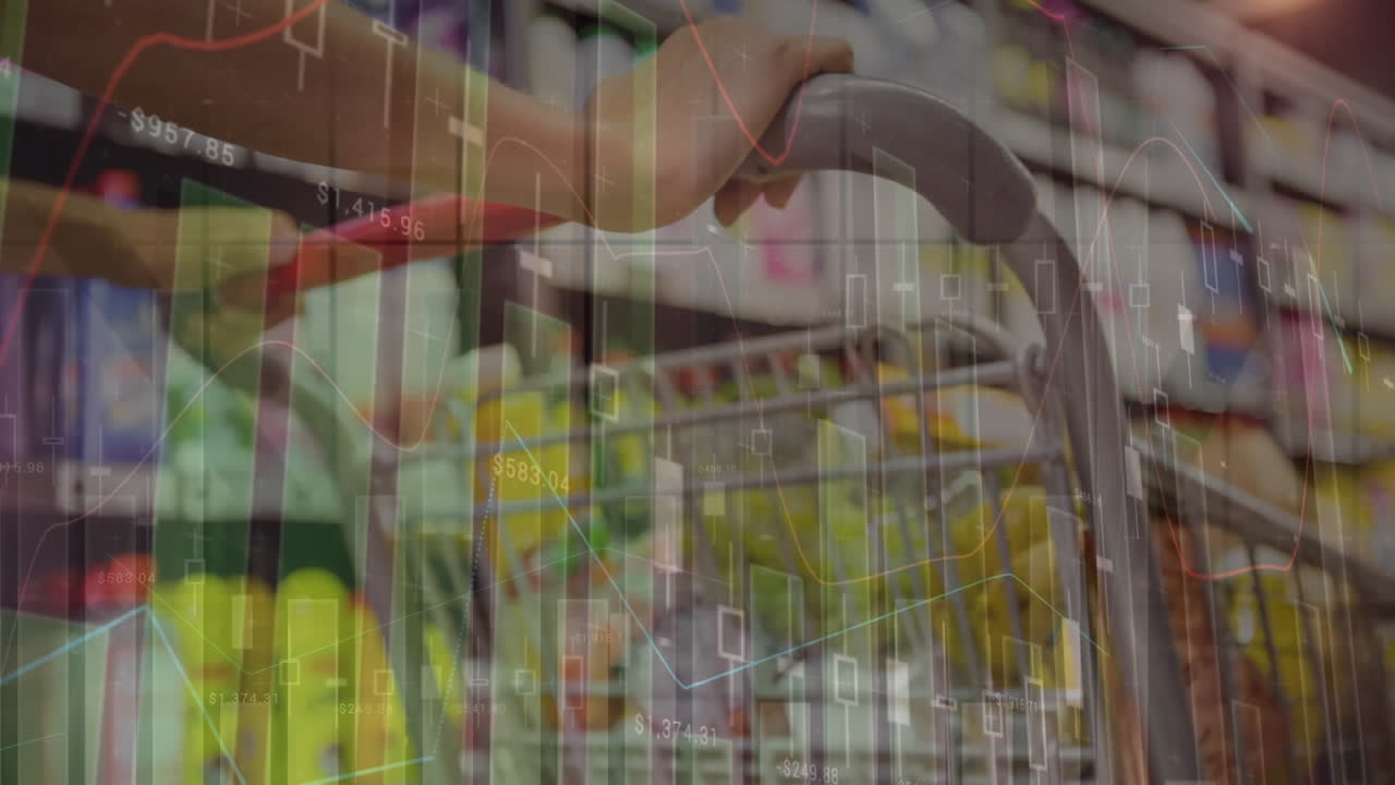 쇼핑 카트와 함께 손으로 데이터 처리의 애니메이션