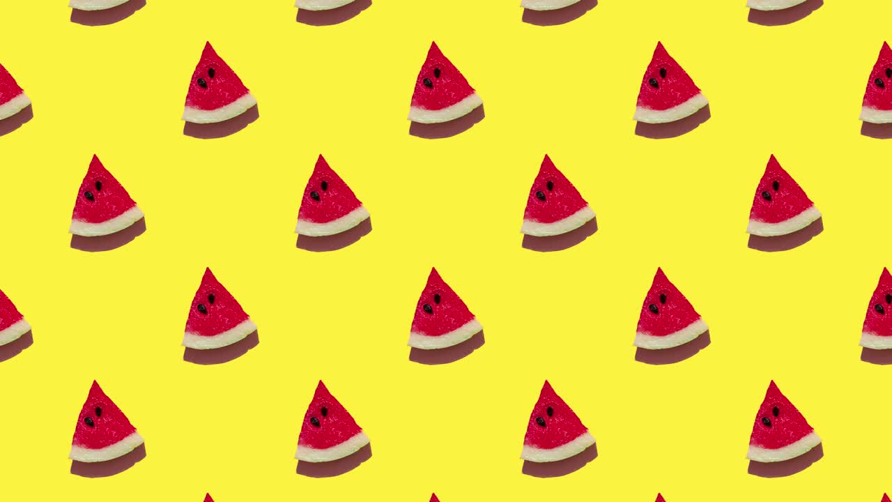 seamless looping animation of pattern with fresh slices of watermelon on a yellow background, hard shadows of the sun. minimal concept of travel and vacation