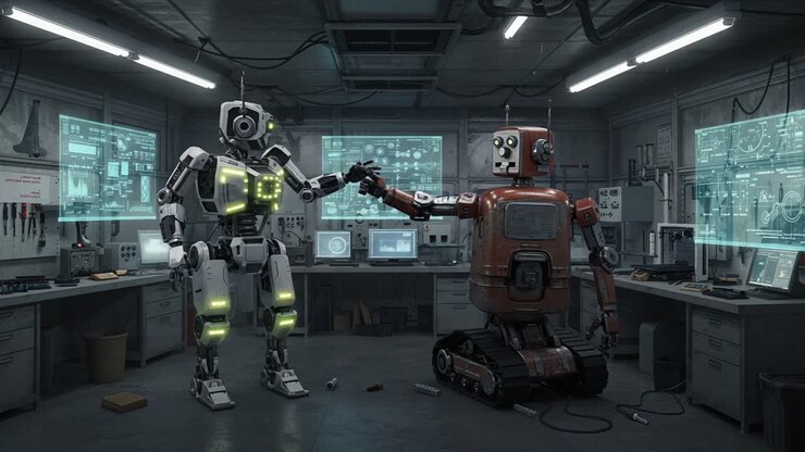 A Glimpse into the Future: Two Distinct Robots Stand in a High-Tech Laboratory, Engaged with Interactive Holographic Displays and Advanced Technology Around Them