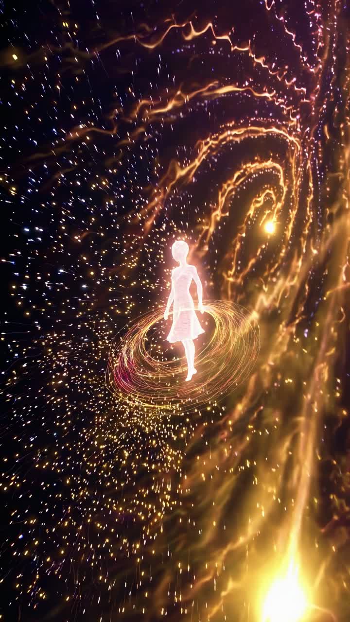 Glowing female figure walking through swirling galaxy and stars, creating a mesmerizing cosmic scene, ideal for spiritual or science fiction projects