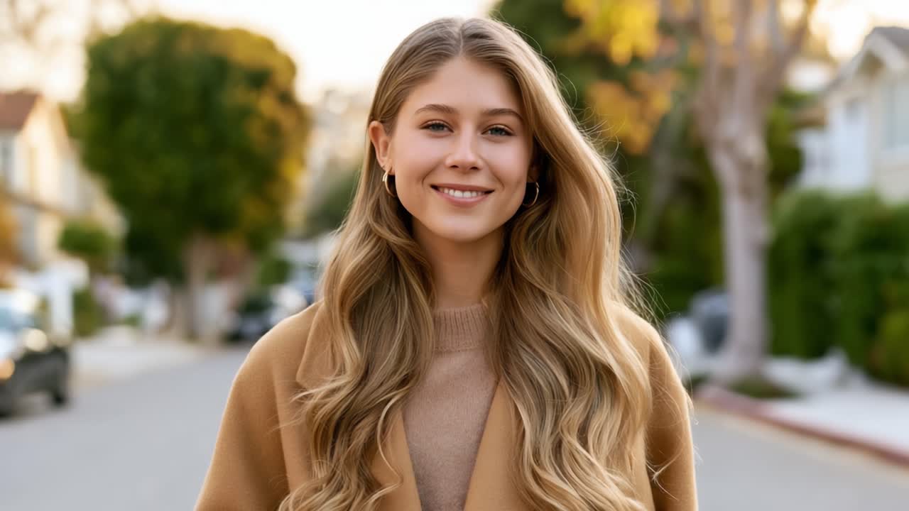 Una giovane donna radiosa sorride luminosamente in un quartiere vivace al tramonto, mostrando bellezza naturale e gioia in un sereno ambiente urbano