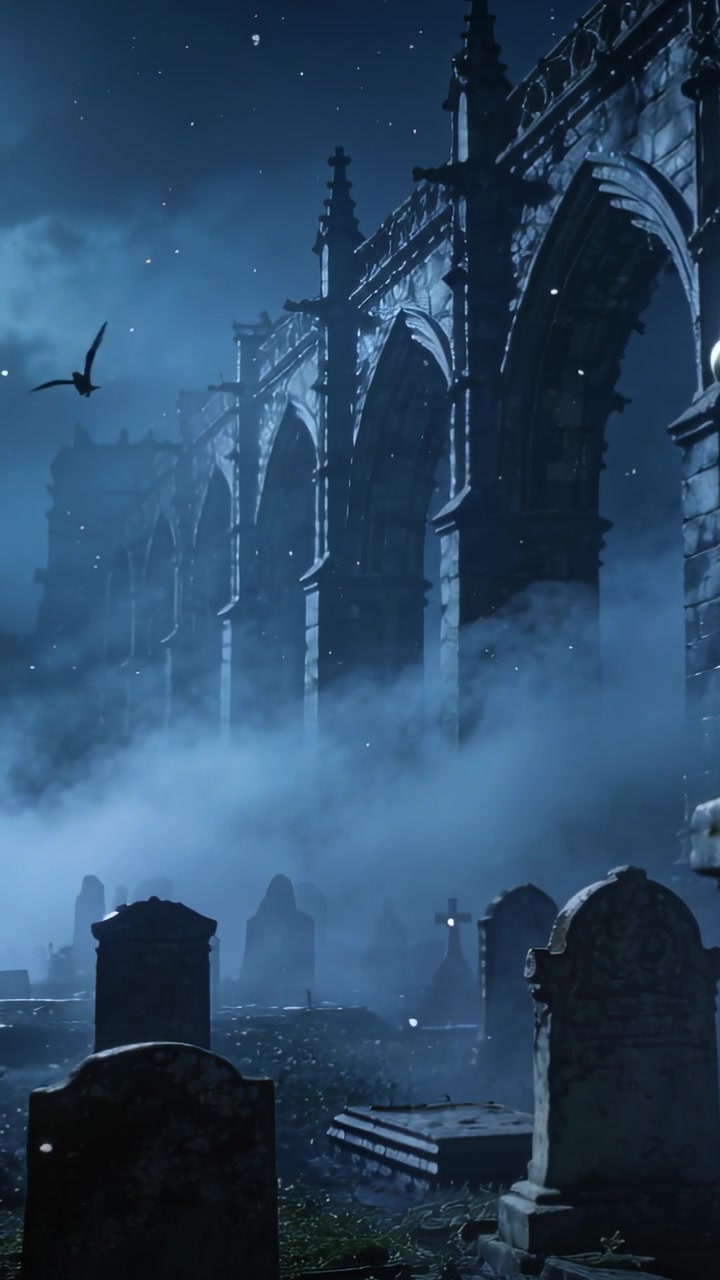 Video verticale: Uccello in volo che appare da sinistra, attraversando un cimitero notturno, con nebbia che si sposta oltre archi e tombe.