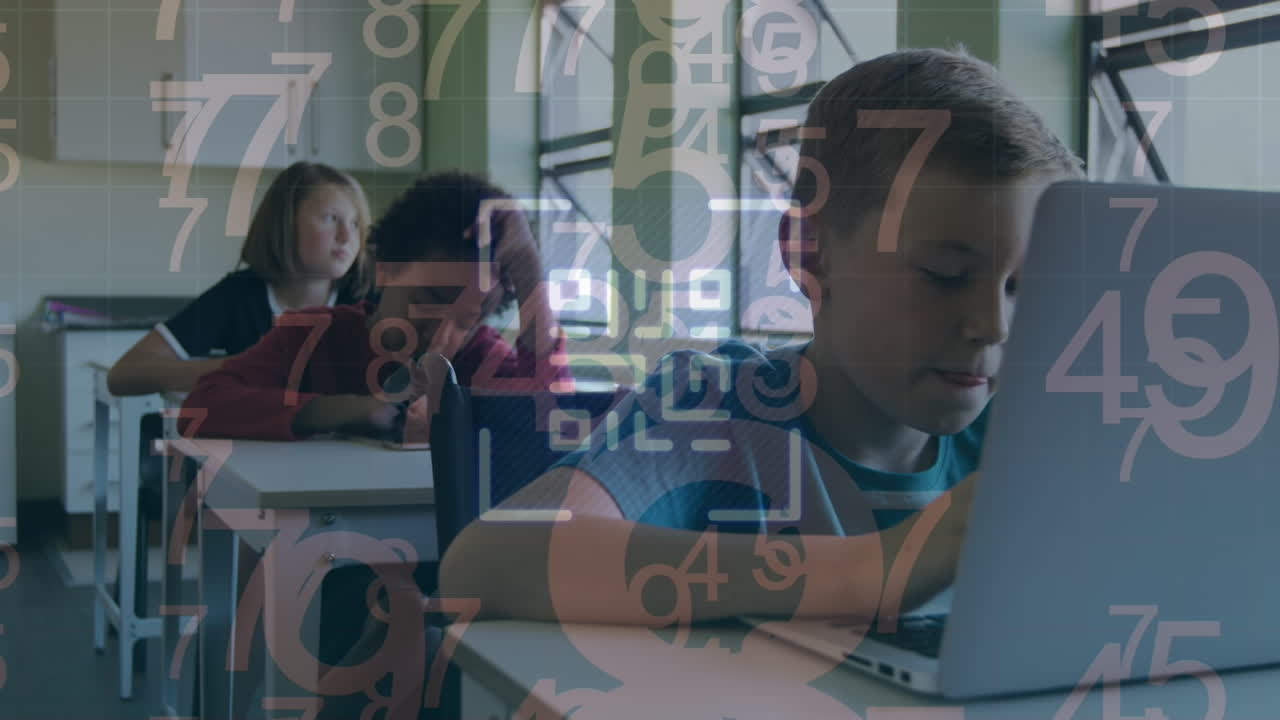 Animation of data processing and qr code over caucasian boy using laptop at school