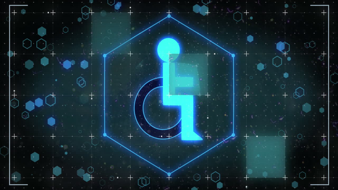 Animation of shapes and interference with disability icon on black background