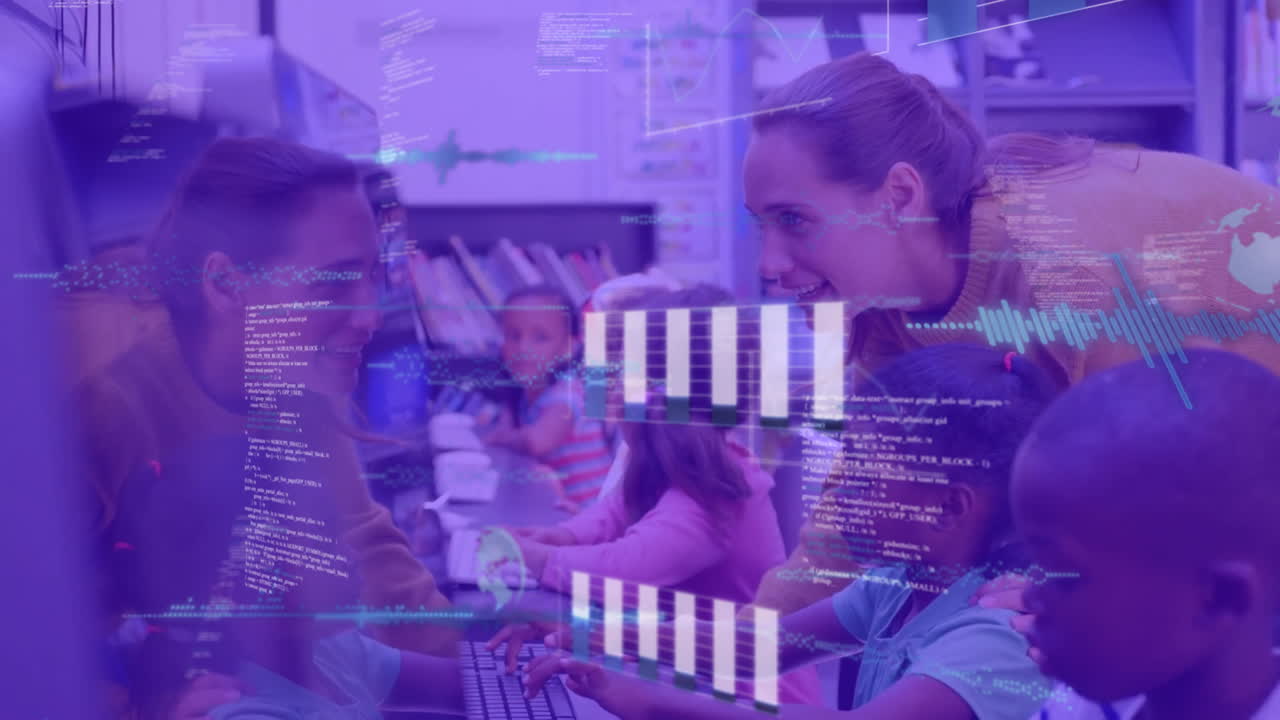 Animation of graphs and computer language, diverse female teacher helping girl in using computer