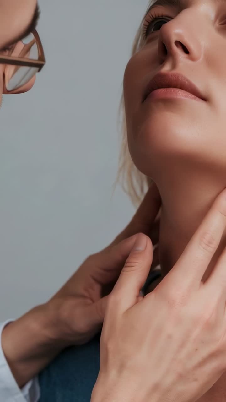 Vertical video: Entering doctor palpating woman's neck with hands in clinic, tilting up in blue top