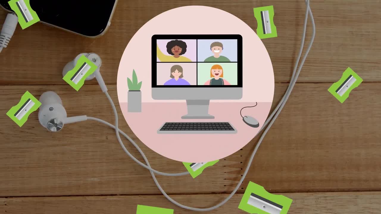 animación de afiladores que caen sobre el teléfono inteligente en una superficie de madera