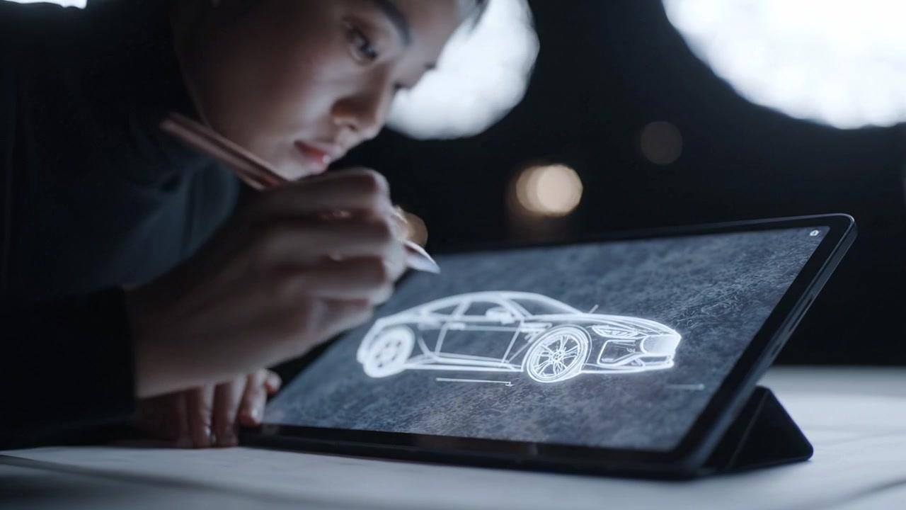 Un diseñador talentoso ilustra un concepto de coche innovador en una tableta digital, mostrando la fusión de tecnología y creatividad en el arte del diseño automotriz.