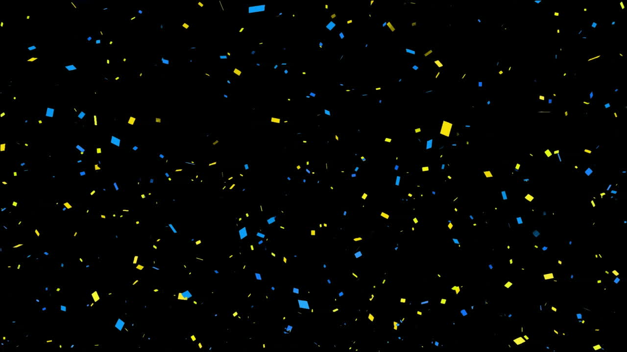 검은 바탕에 떨어지는 노란색과 파란색 콘페티의 애니메이션