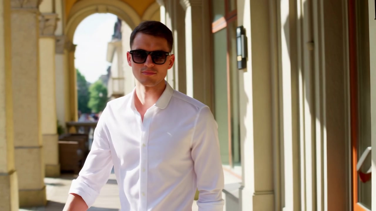 Uomo d'affari caucasico che cammina sotto un colonnato illuminato dal sole, occhiali da sole alla moda e camicia bianca, andatura sicura