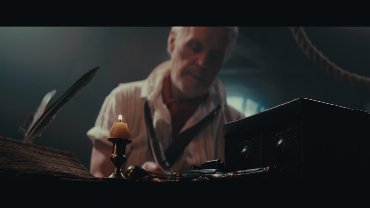 An old captain sits writes a letter inside the sailing ship cabin