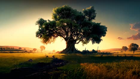 un árbol solitario en el medio de un campo de hierba al atardecer