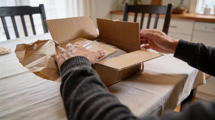Pulling kraft paper, sweater-clad hands opening box, lifting boxed book to inspect at dining table