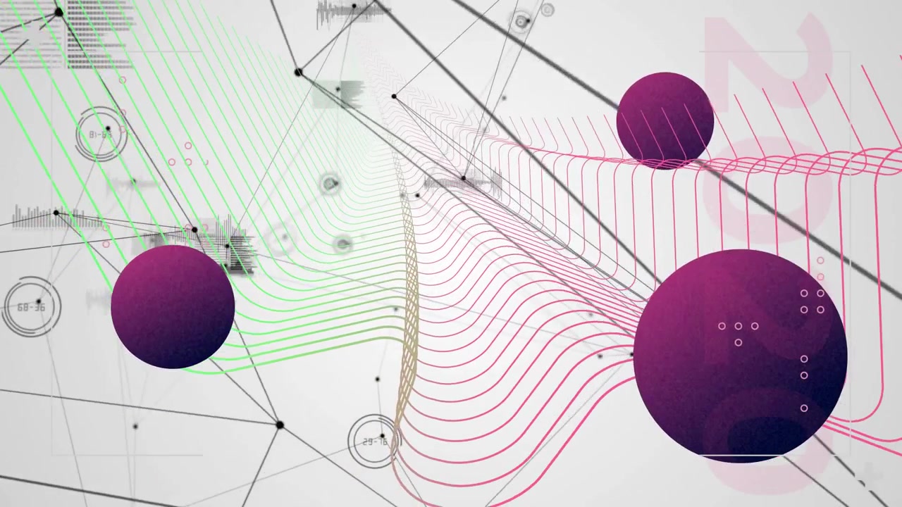 Central data cluster unfolding from ribbon trace, forming purple spheres, network visualizing data