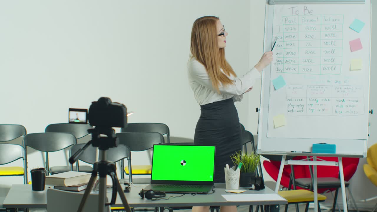 Online class conducted by a female teacher for adults. Remote education, online college lesson, distant studying concept. Green Screen Chroma Key Laptop for Learning.