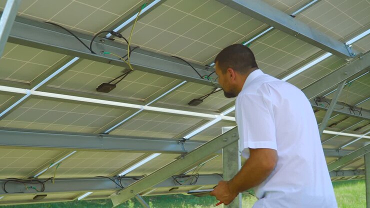 Engineer checking reverse side of solar battery