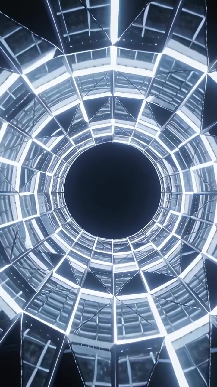 Video verticale: Rotazione iniziale di un tubo a specchio che zooma verso l'interno in una galleria, rivelando il vuoto, i LED
