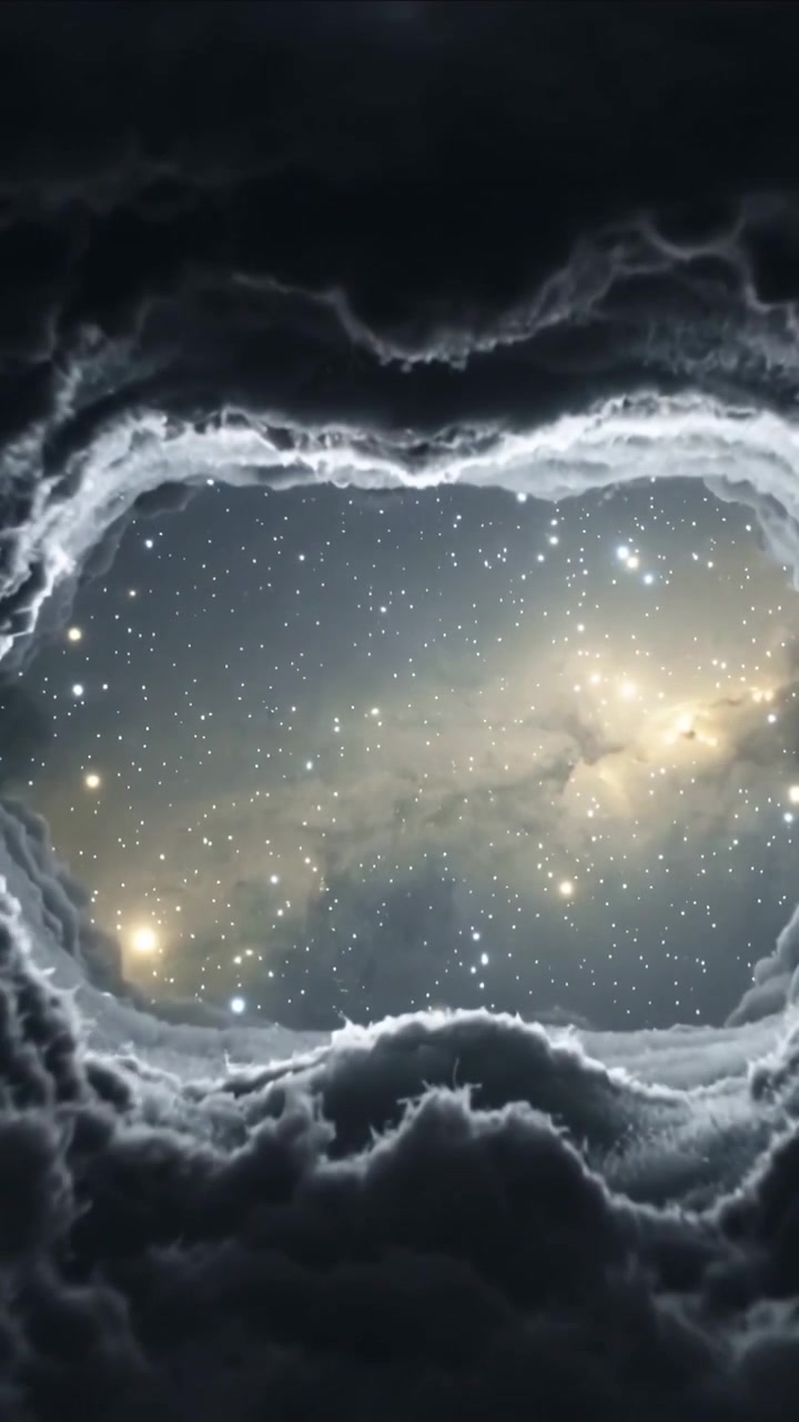 Vertical video: Perforation forming, dark cloud tearing open over star field, revealing glowing rim