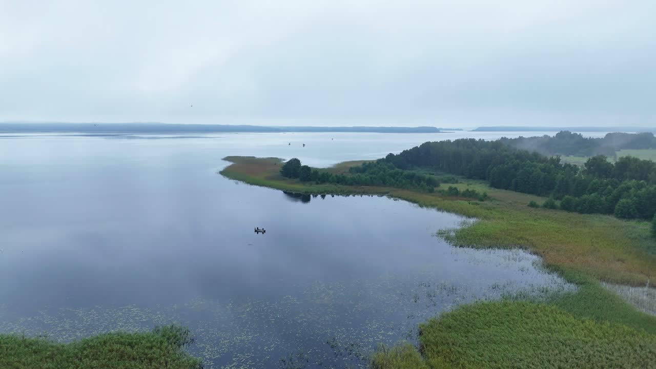 Drone moves sideways along lake shoreline with birds and foggy horizon